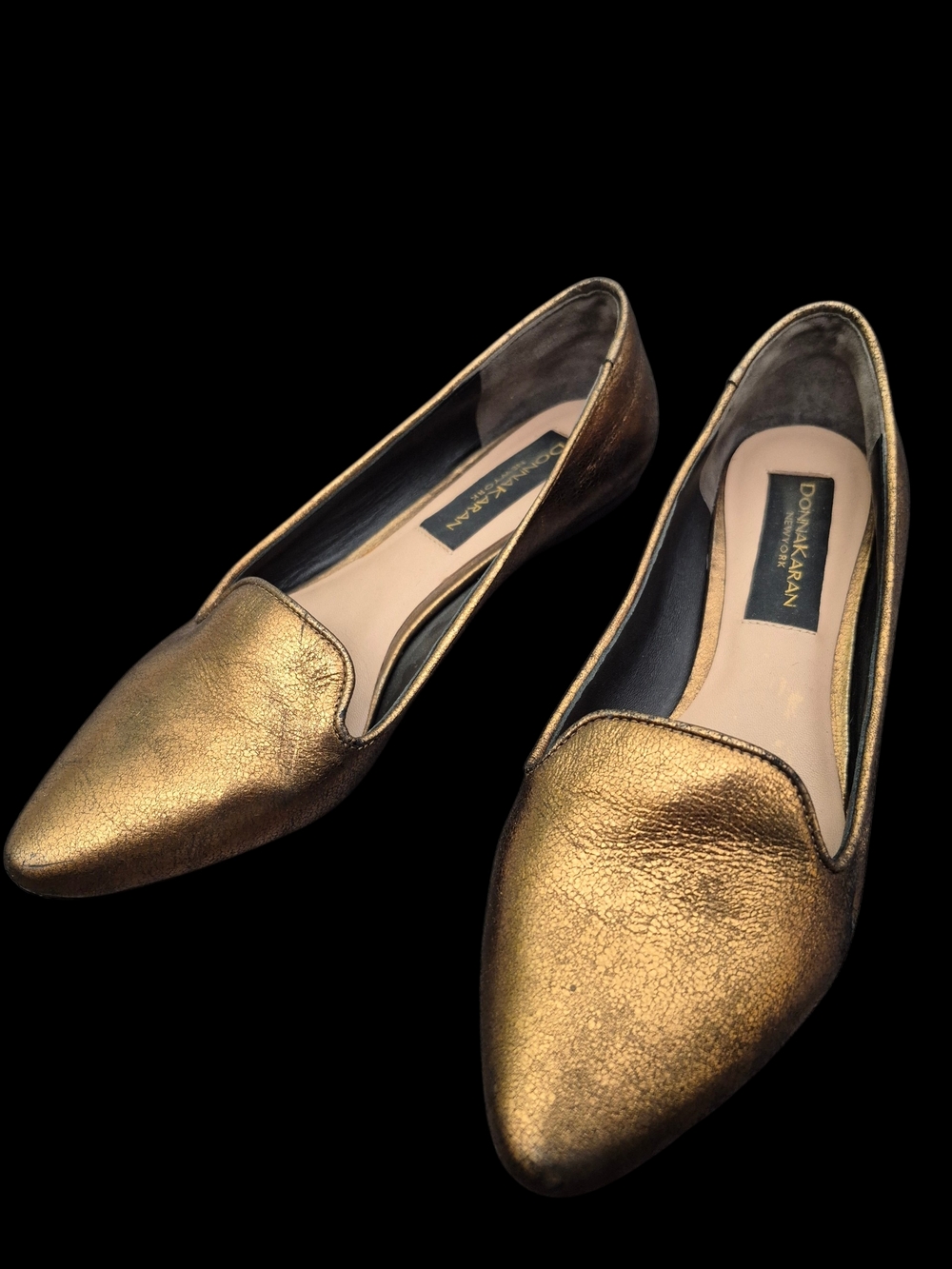 💕DONNA KARAN Metallic Gold Pointed Toe Slip-Ons - Size 6.5💕